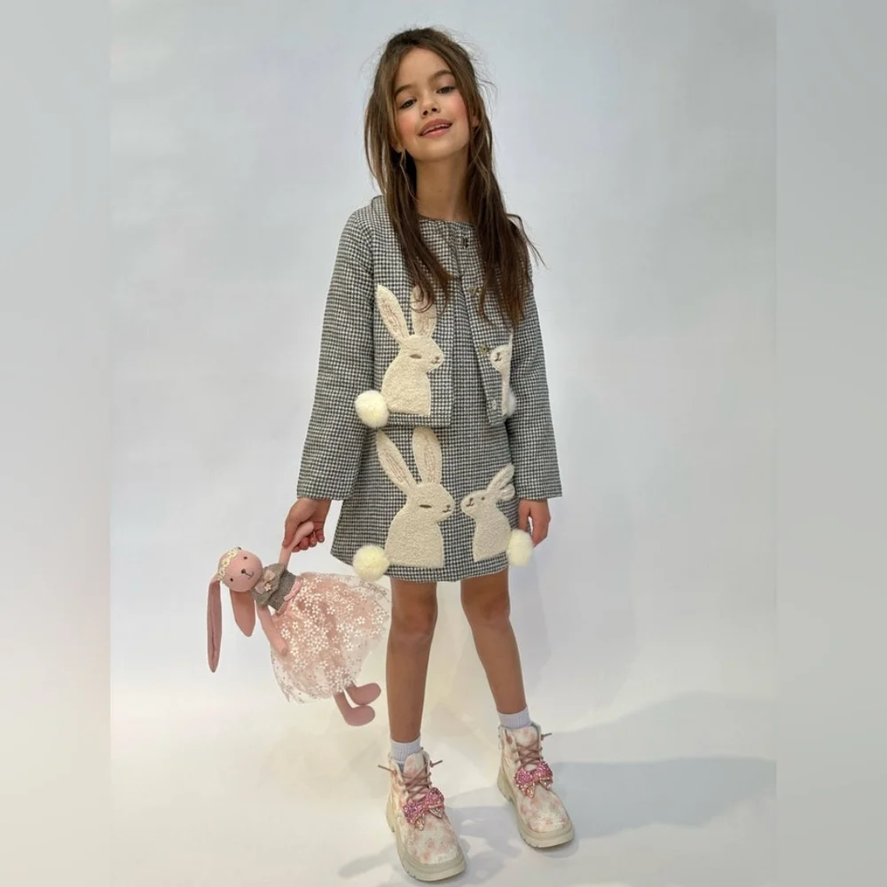 Lola And The Boys Grey Knit Sleeveless A-Line Kissing Bunnies Gingham Dress 2-3Y